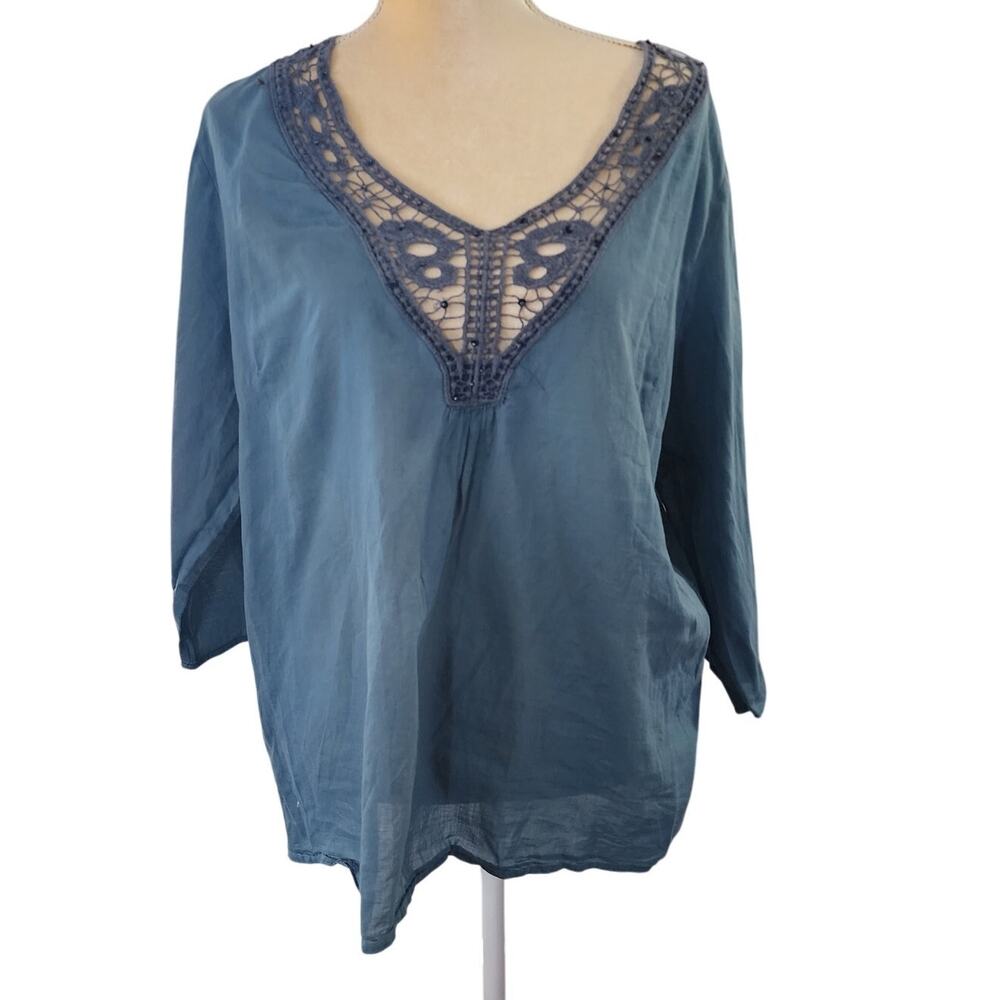 Beachy Blue Pullover V-Neck Embroidered Crochet Lace Neckline Tunic Shirt